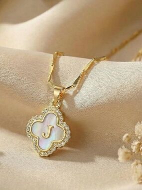 Gold Initial 'J' Mother-of-Pearl Clover Pendant Seed Chain Necklace
